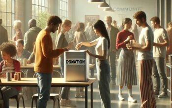 DALL E 2024 10 31 09 28 43 A modern day scene showing people gathering in a community center to collect money and items to help the needy Individuals of various backgrounds are